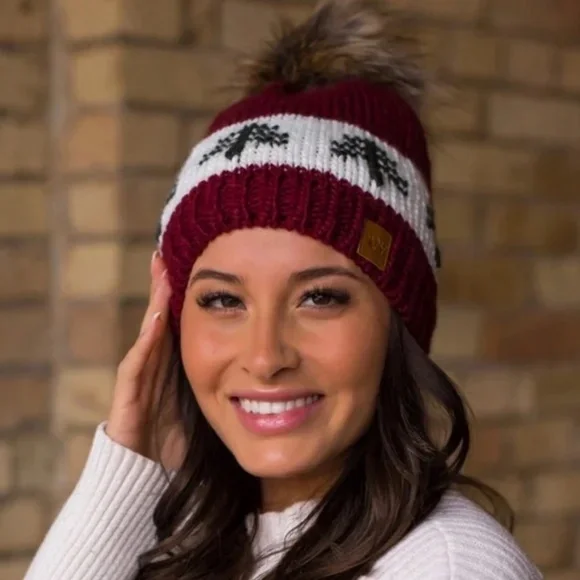 Burgundy Green Pine Evergreen Tree Holiday Knit Faux Fur Pom Beanie Winter Hat - Picture 3 of 3
